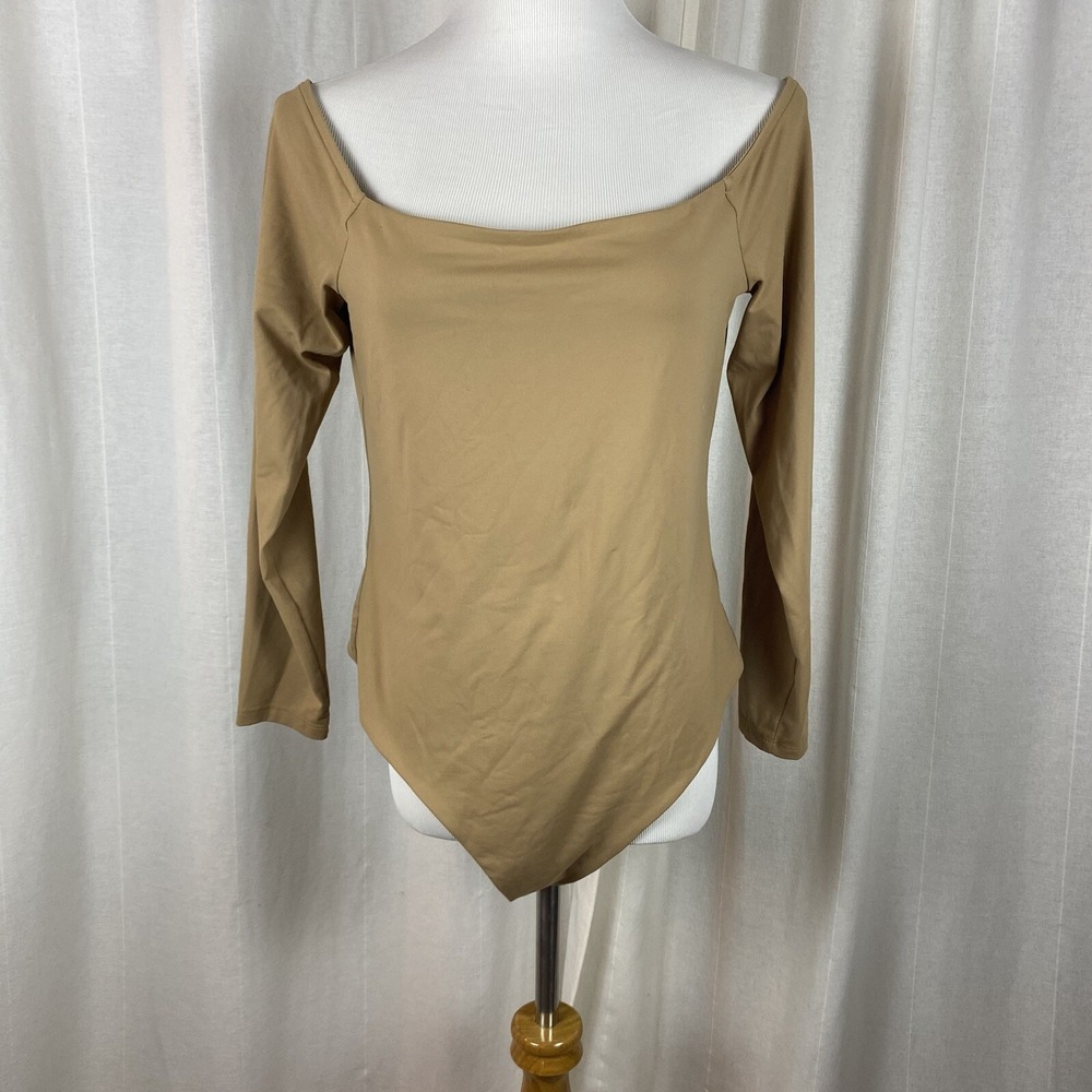 Nuuds Women's XL Bodysuit Long‎ Sleeve Tan Beige Knit Stretch Basic Minimalistic